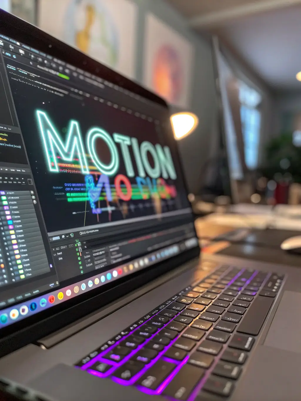 A vibrant motion graphics sequence being created on a computer screen, demonstrating OVEXA SOLS LIMITED's motion graphics capabilities.