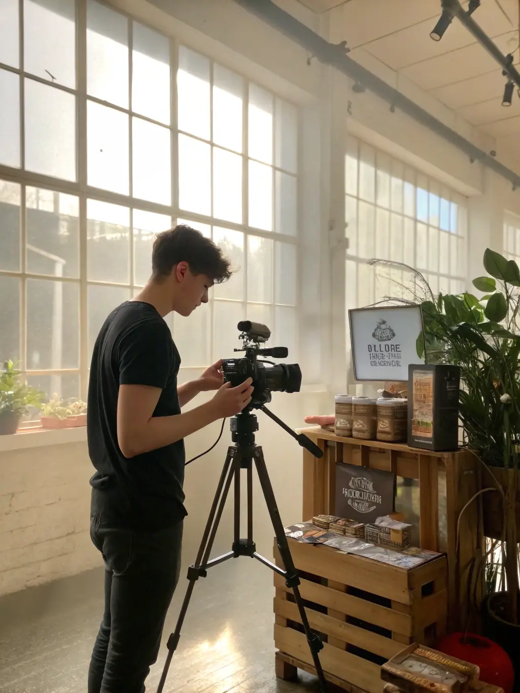 A professional videographer filming a commercial scene in a modern office setting, showcasing OVEXA SOLS LIMITED's expertise in commercial filming.