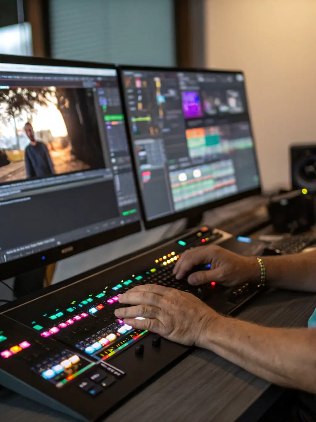 A skilled video editor working on a complex timeline in a post-production suite, highlighting OVEXA SOLS LIMITED's editing services.