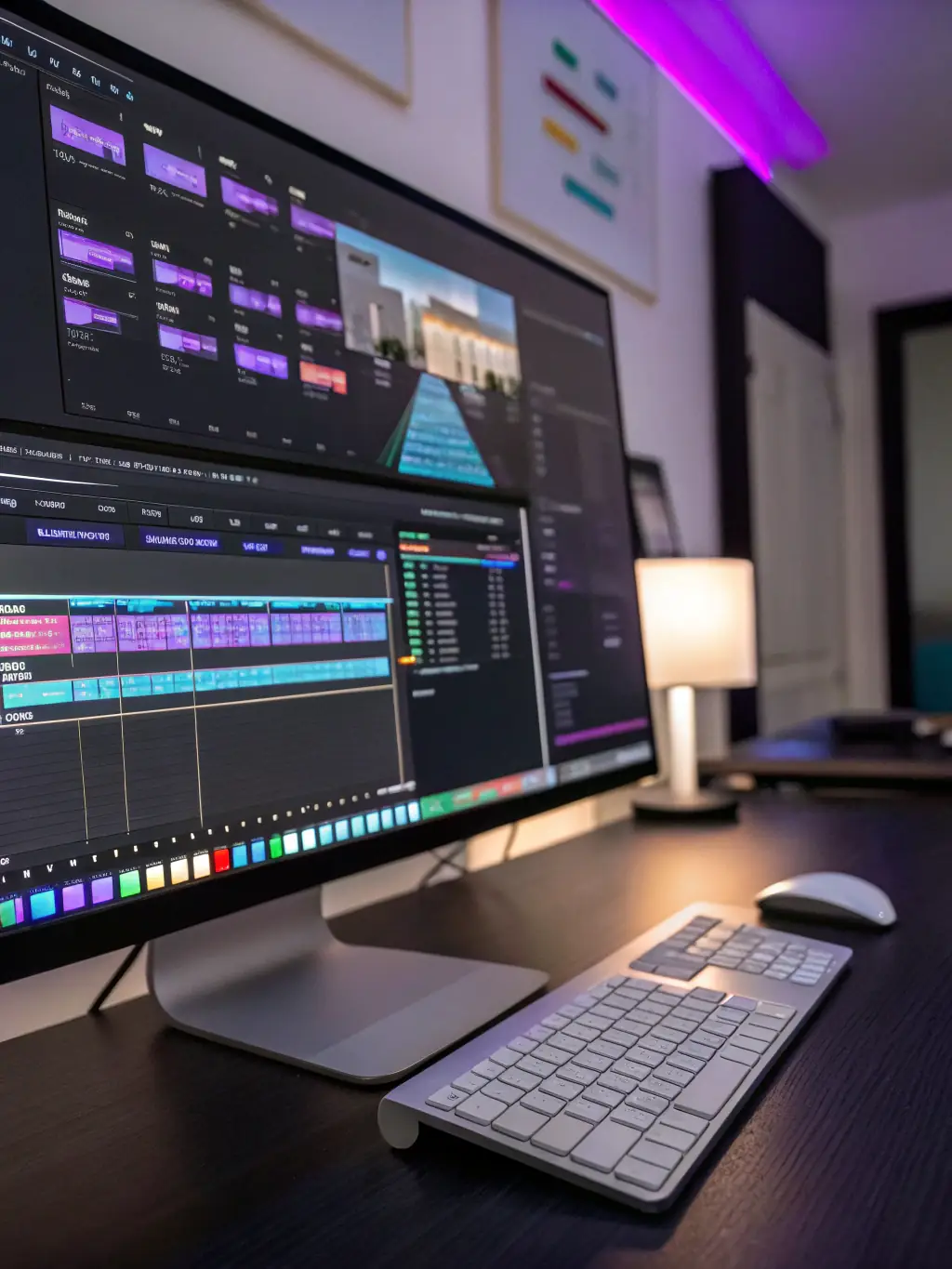 A video editor meticulously working on a timeline with various audio and video tracks, showcasing the precision involved in professional video editing.
