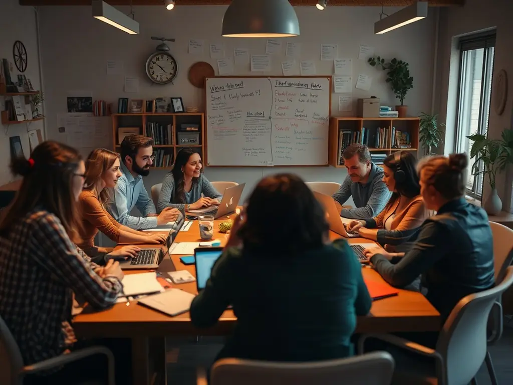 A detailed storyboard illustration showing the planning phase of a video production project, with team members collaborating around a table, reviewing scripts and visual concepts.