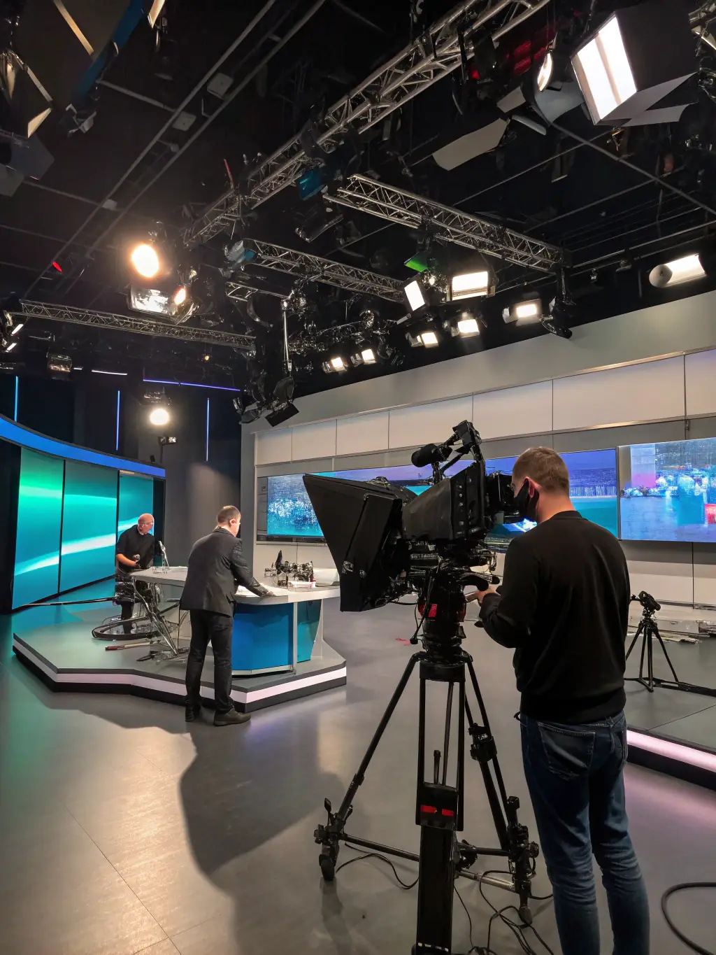 A team of professionals filming a corporate video in a well-lit studio, highlighting OVEXA SOLS LIMITED's capabilities in corporate video production.