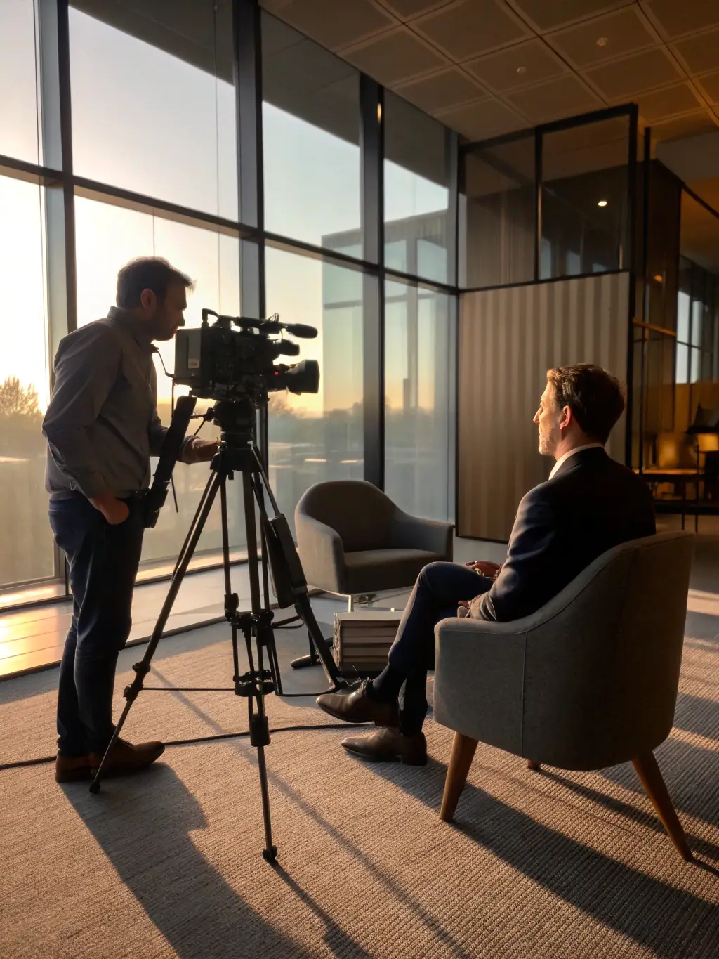 A professional videographer filming a corporate interview in a modern office setting, showcasing OVEXA SOLS LIMITED's on-site filming capabilities.