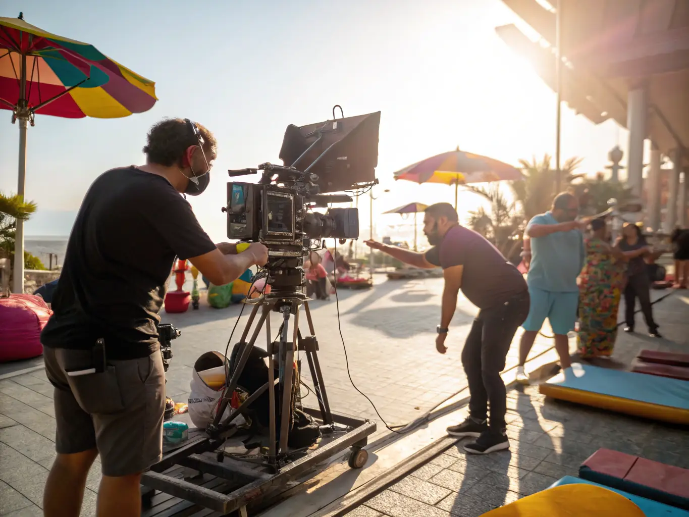 A dynamic shot of a film crew on location, capturing high-quality footage with professional equipment, showcasing the filming stage of a video production project.