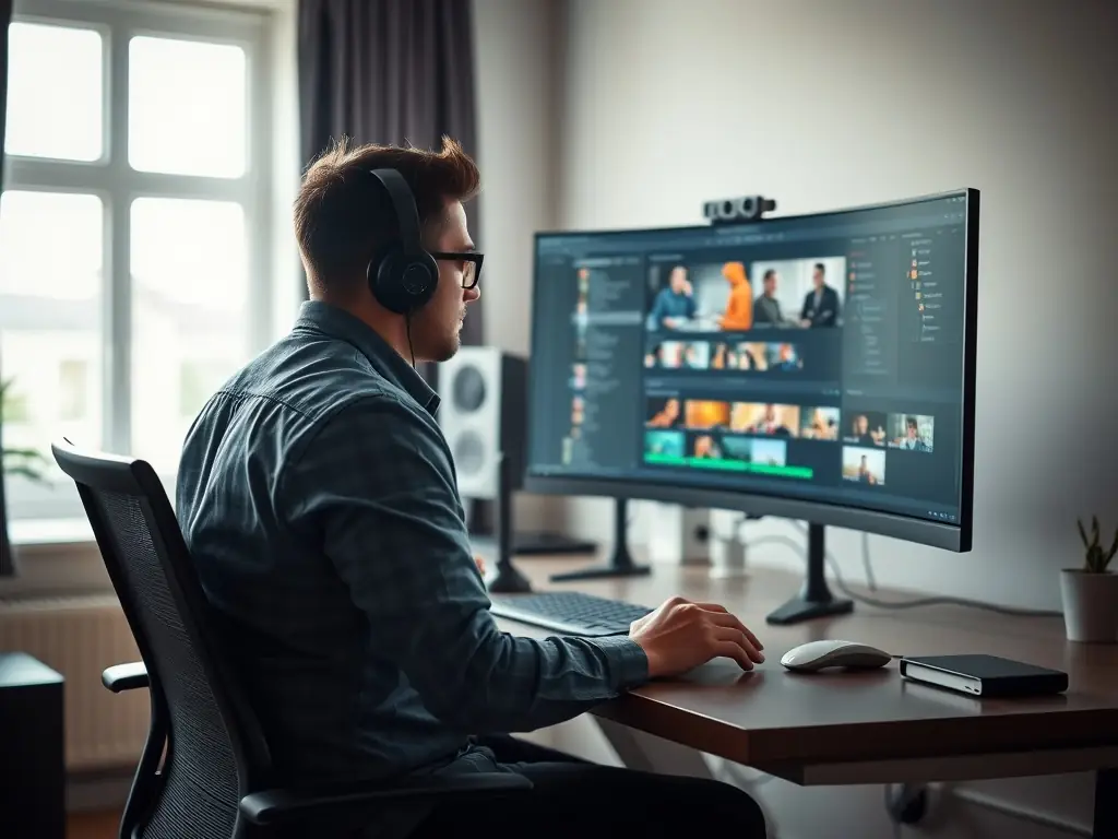 A professional video editor working on a complex timeline in post-production software, showcasing the editing and refinement stage of a video project.
